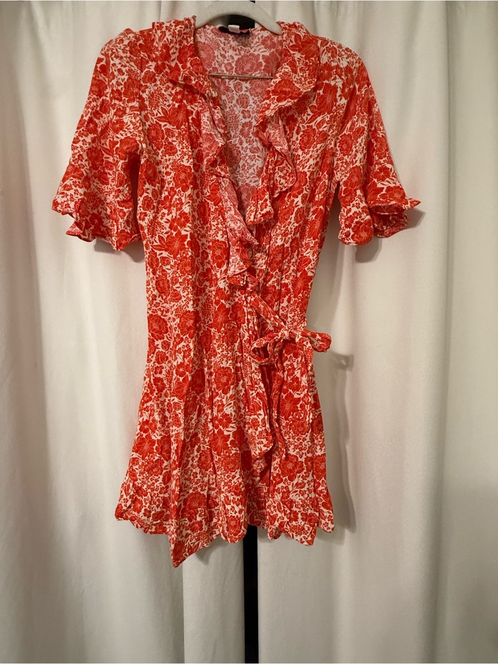Topshop Reddish Orange Floral Mini Wrap Ruffle Dress with Short Sleeves Size S - Picture 3 of 6